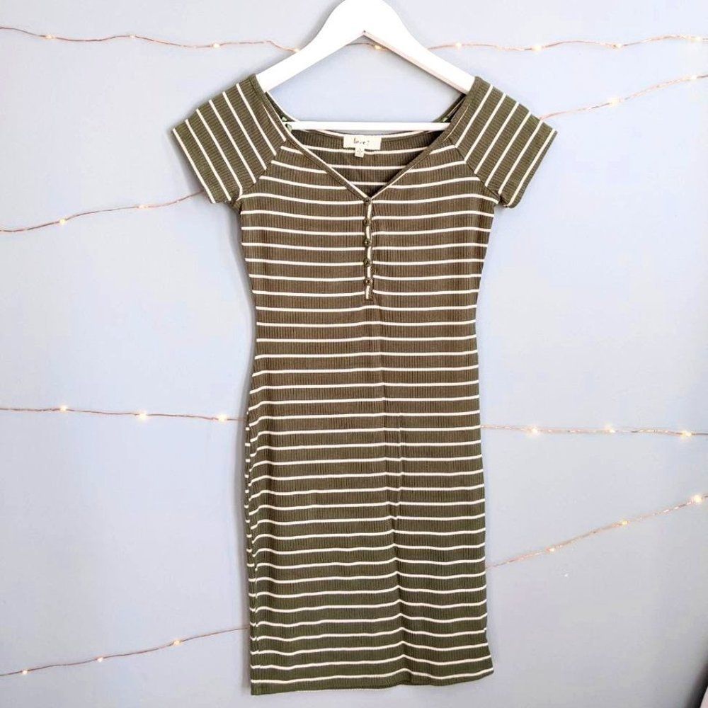 Love J  NWOT Striped Olive and Cream Wide V Neck Dress